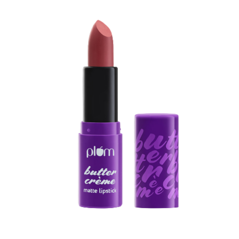 Plum butter crème matte lipstick with purple packaging on a white background