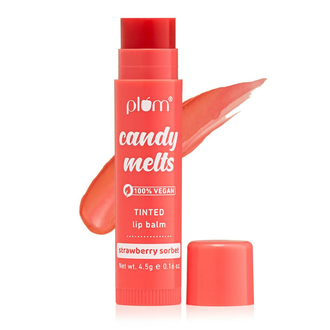 Plum candy melts tinted lip balm on a white background
