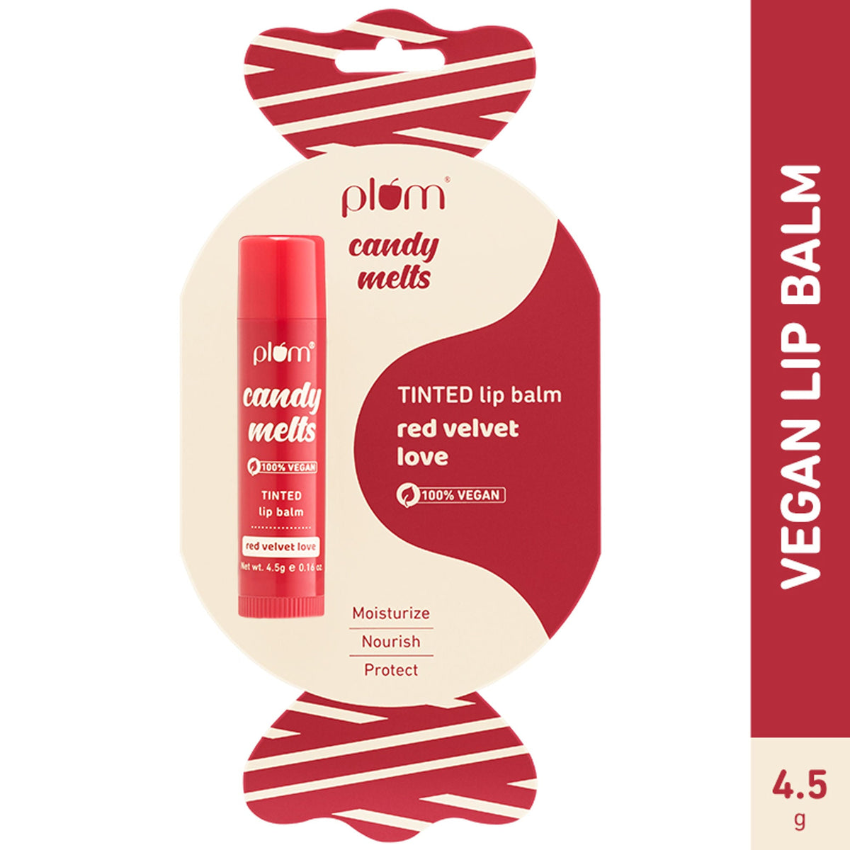Plum candy melts tinted lip balm packaging with red and beige design.
