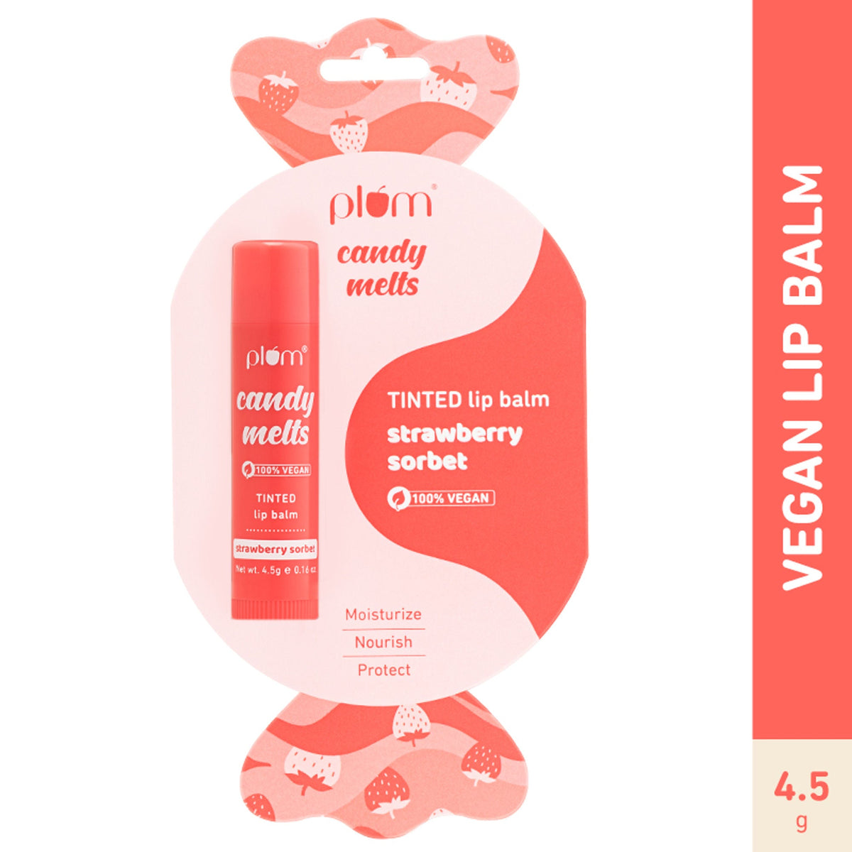 Plum candy melts tinted lip balm packaging with strawberry sorbet flavor on a white background