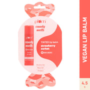 Plum candy melts tinted lip balm packaging with strawberry sorbet flavor on a white background