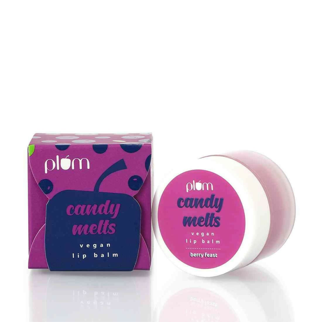 Plum candy melts vegan lip balm packaging on a white background
