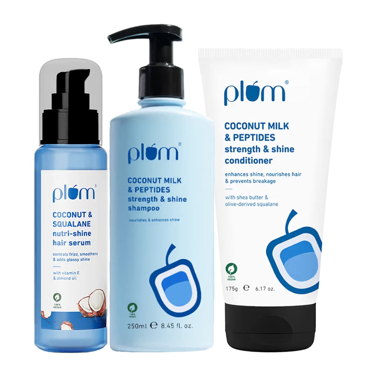 Set of Plum brand hair care products including serum, shampoo, and conditioner on a white background