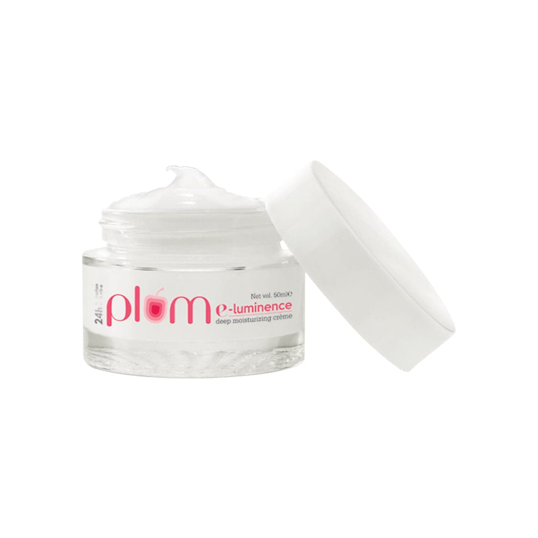 Jar of plum e-luminence cream with a white background