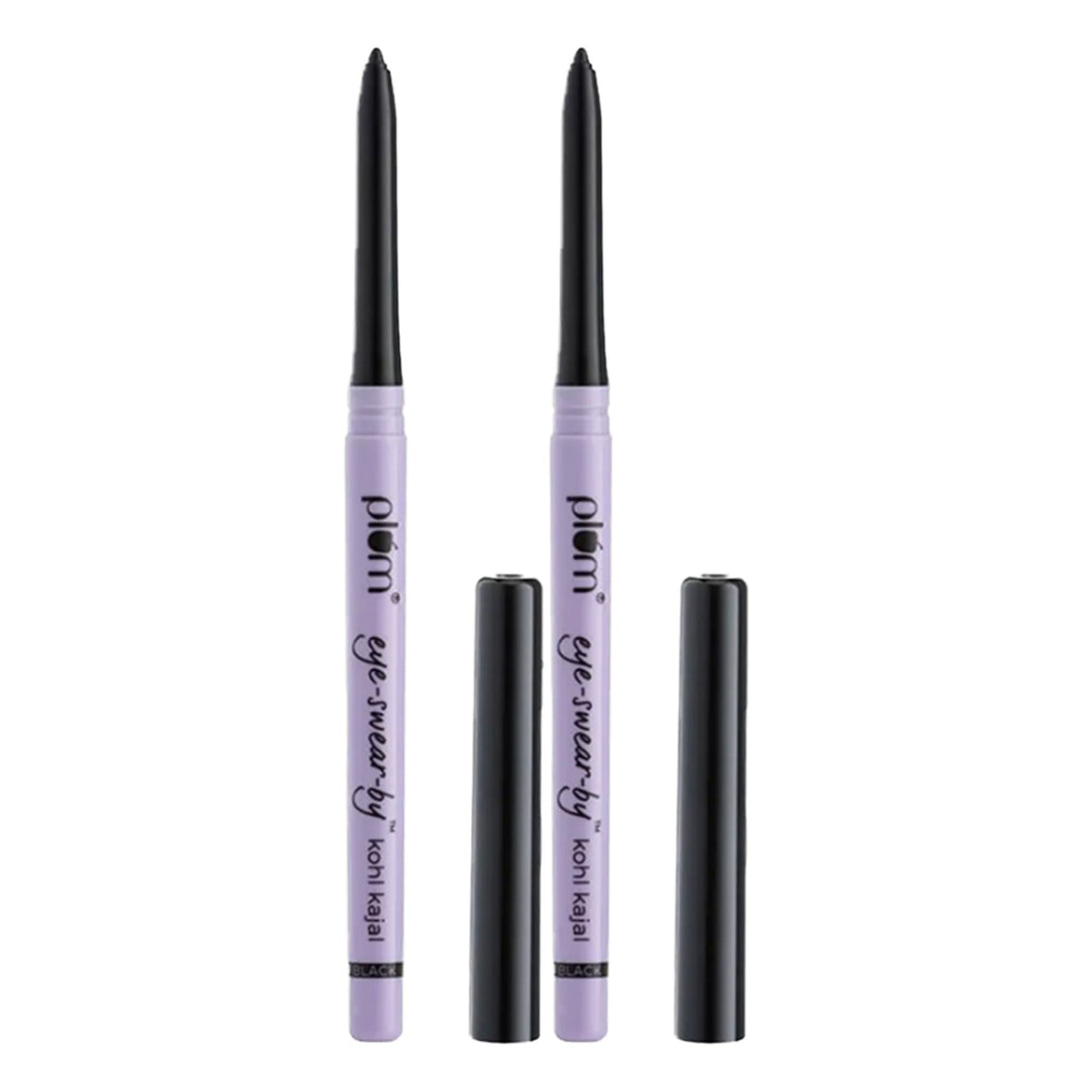 Two plum eye liners with black tips and purple casings on a white background