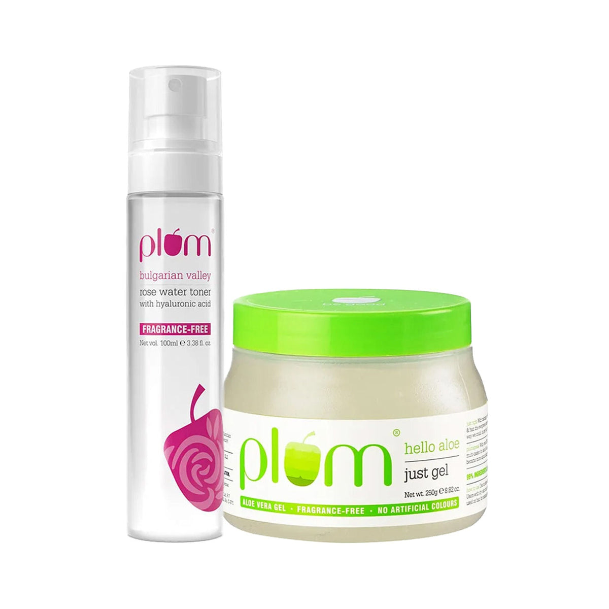 Plum Bulgarian Valley rose water toner and aloe vera gel on a white background