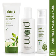 Three skincare products from the brand 'plöm' on a white background with green accents.