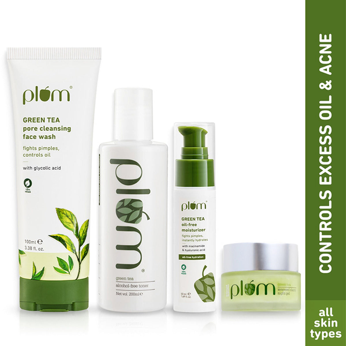 Plum skincare products including face wash, toner, and moisturizer on a white background.
