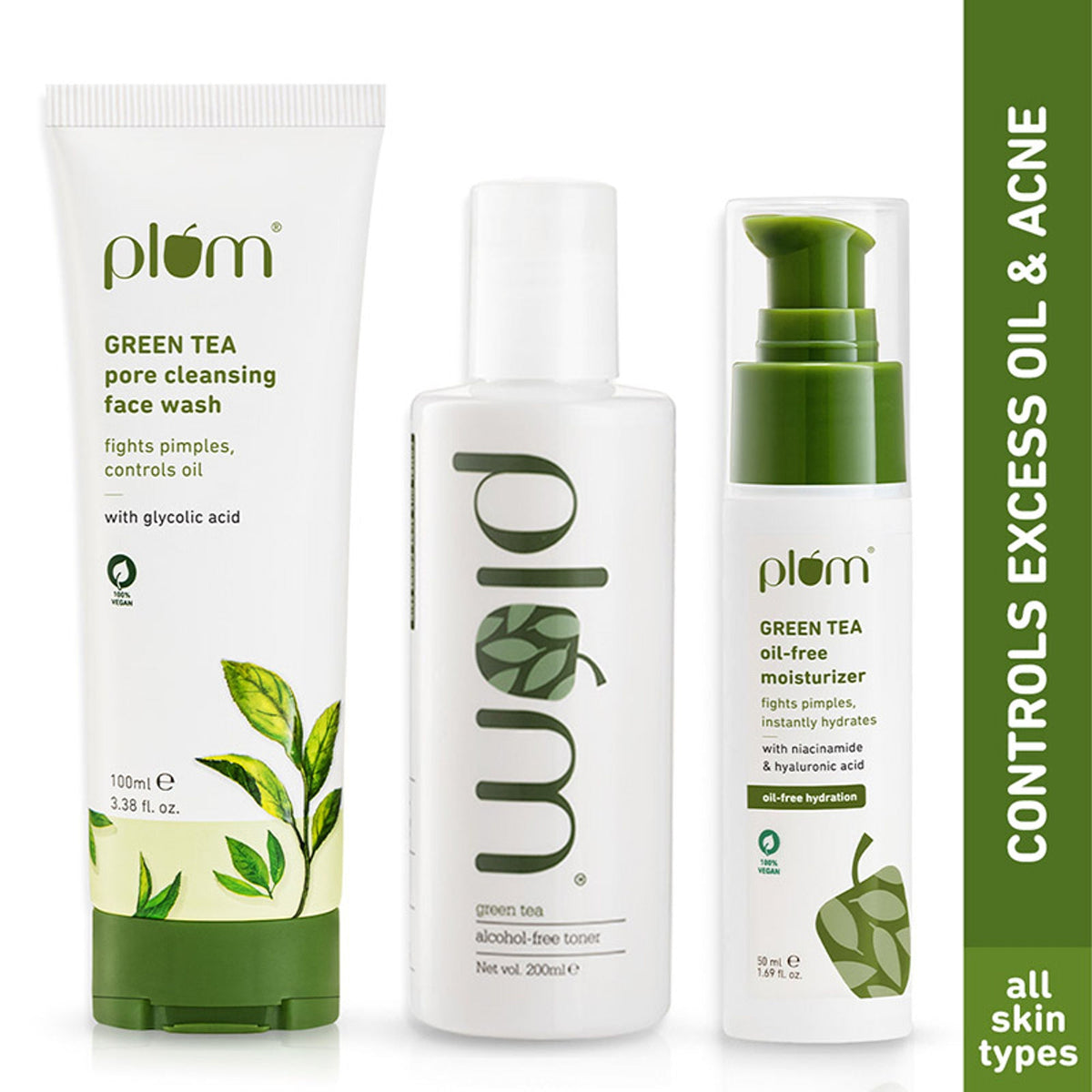 Three skincare products from the brand 'plum' on a white background.