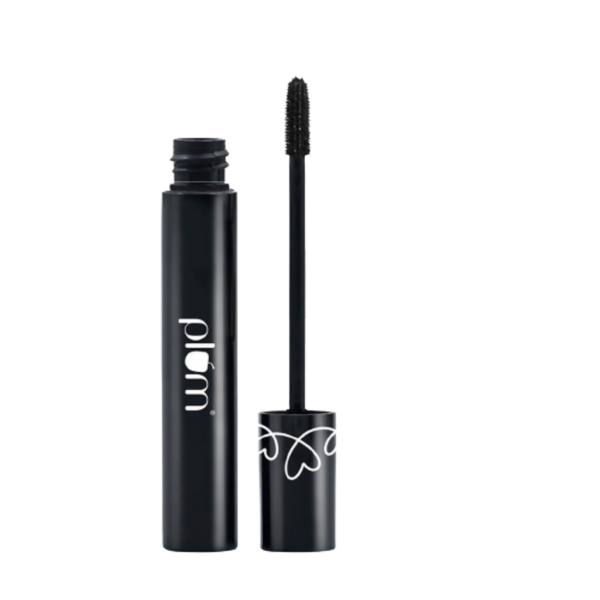 Black mascara with open cap on a white background