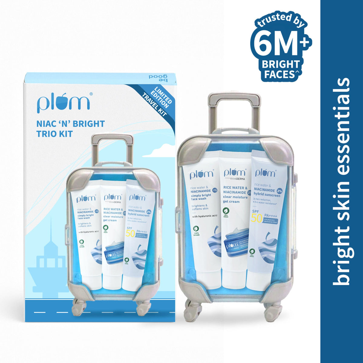 Plum skincare product set with a suitcase and packaging on a white background