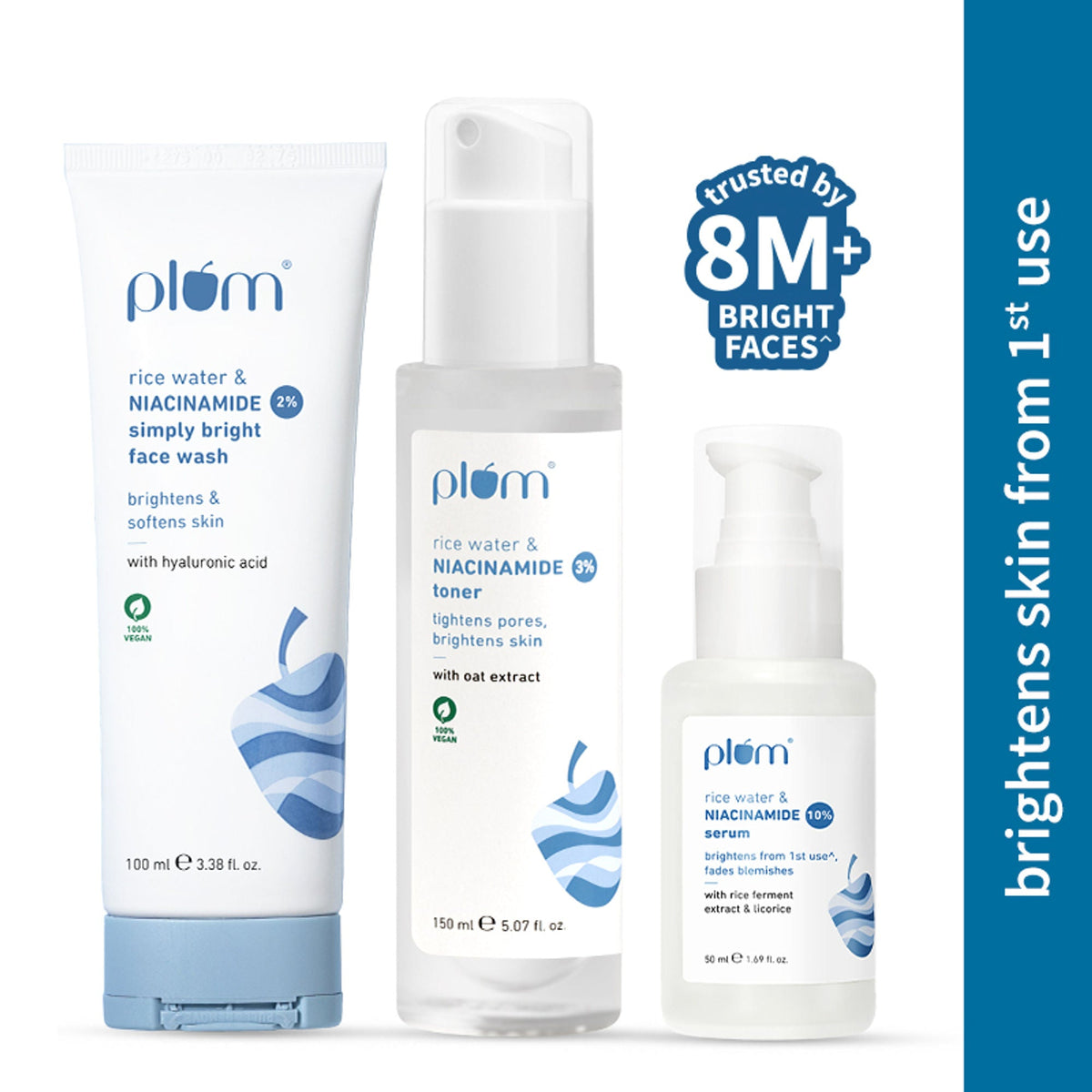 Plum skincare products including face wash, toner, and serum with branding and trust badge on a white background.