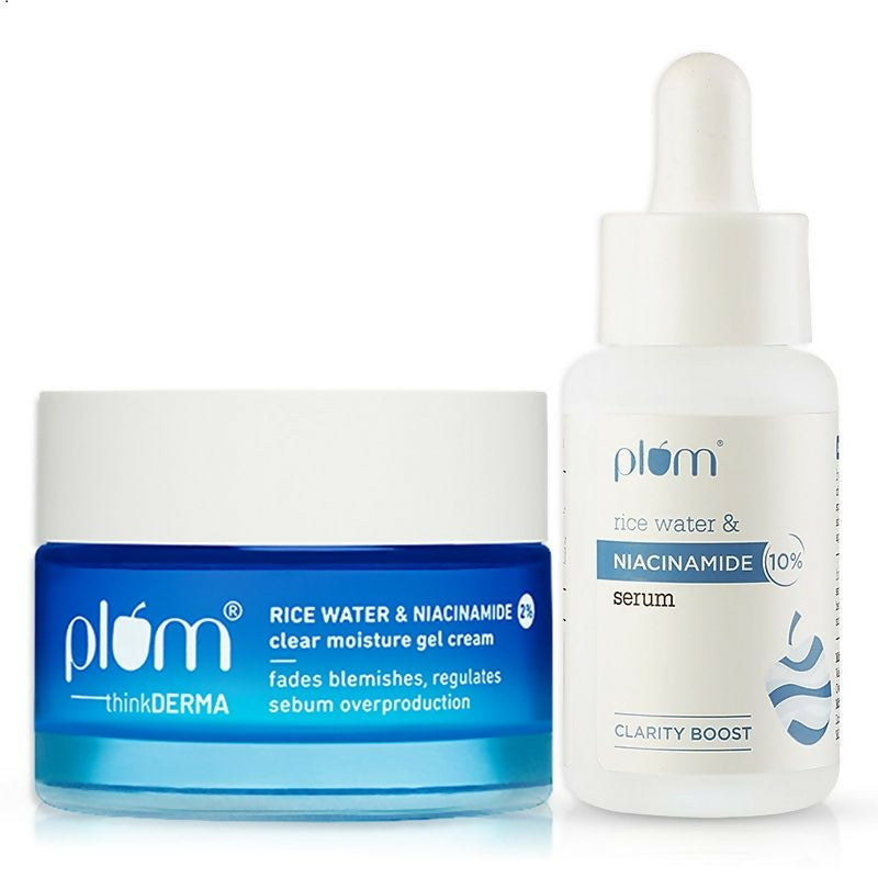 Plum skincare products including a jar and a serum on a white background