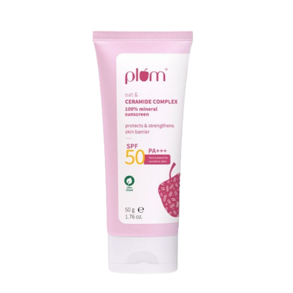 Plum sunscreen tube with pink label on a white background