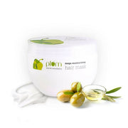 Plum olive and macadamia hair mask packaging with ingredients on a white background