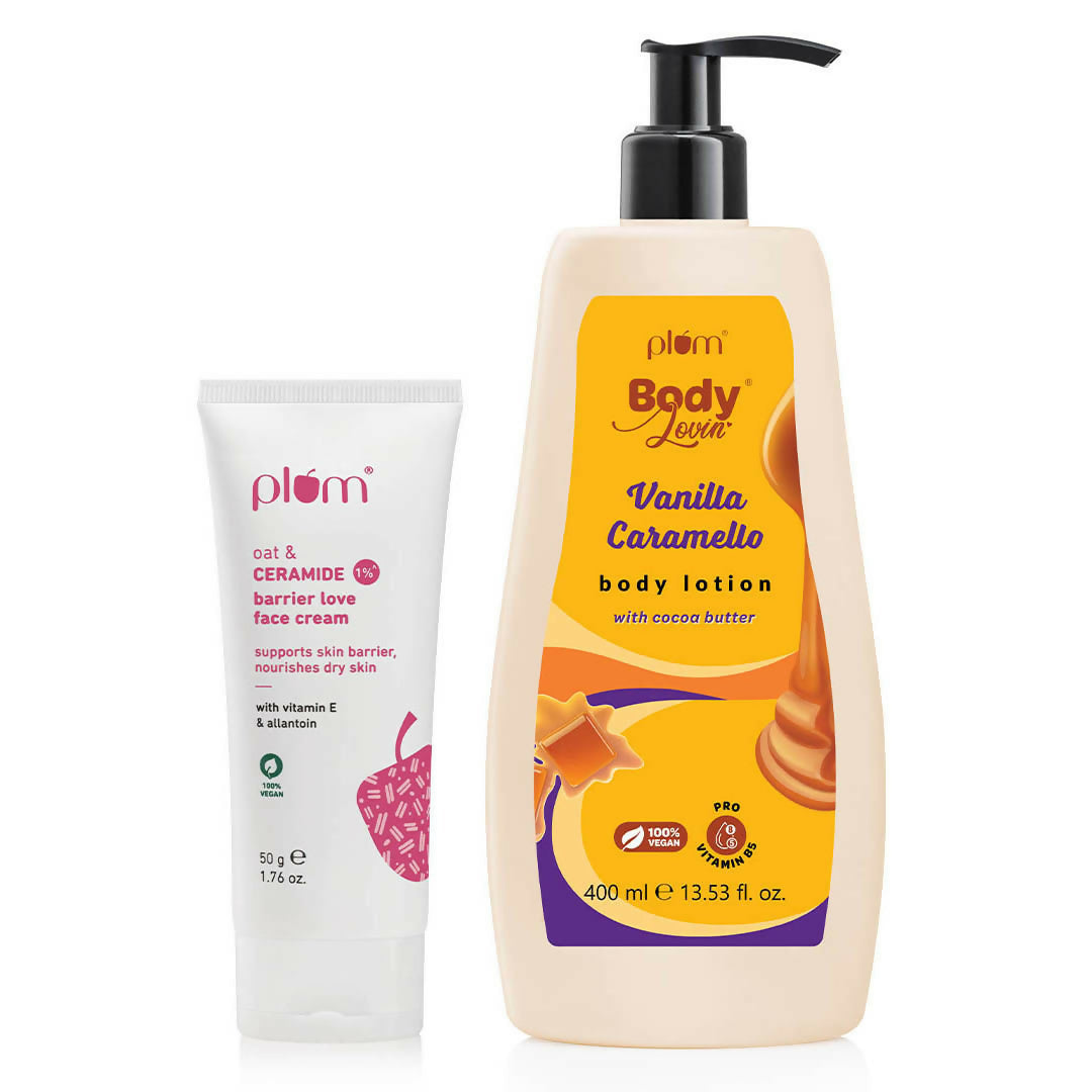 Plum Vanilla Caramello body lotion and face cream on a white background