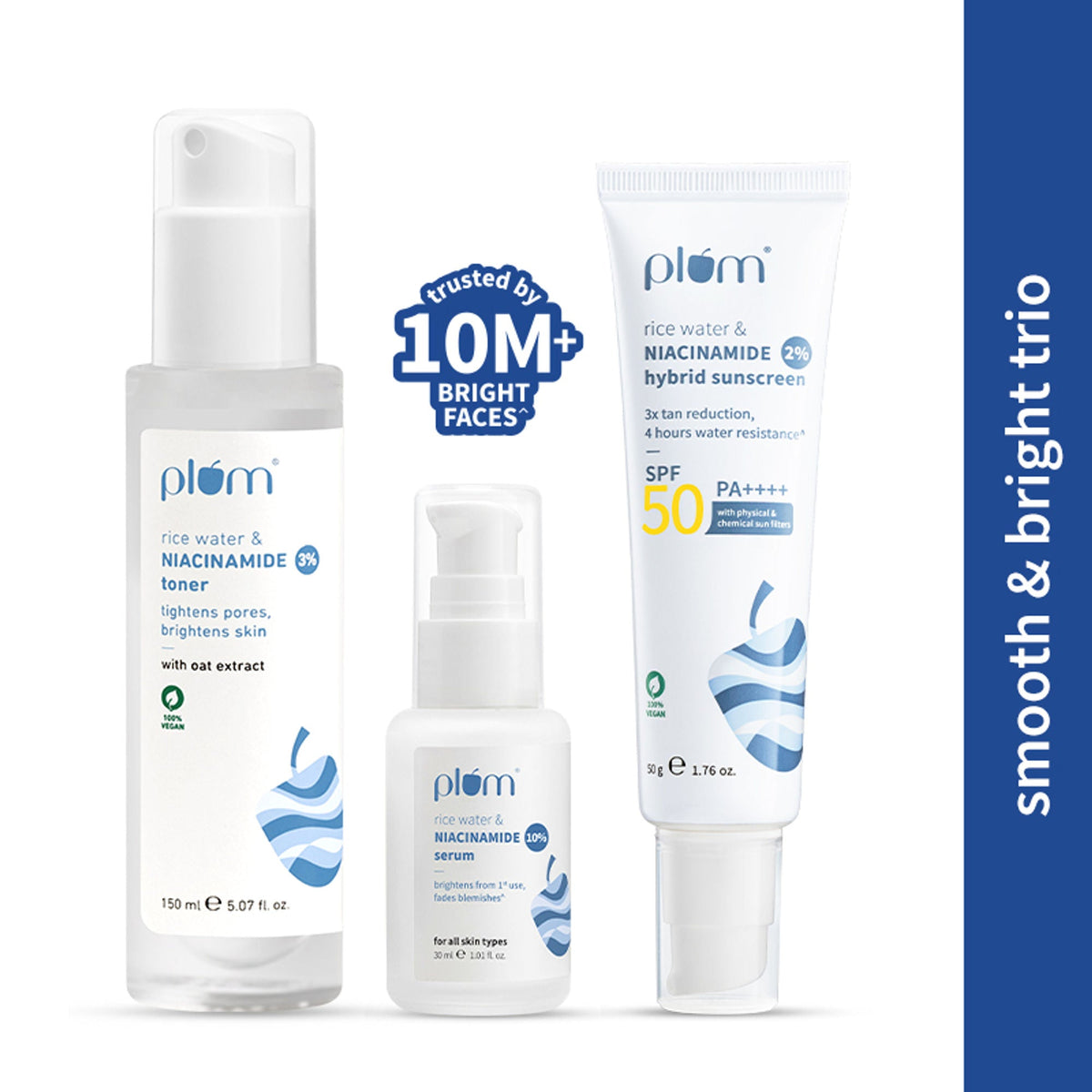 Three Plum skincare products including toner, serum, and sunscreen on a white background with a blue sidebar.