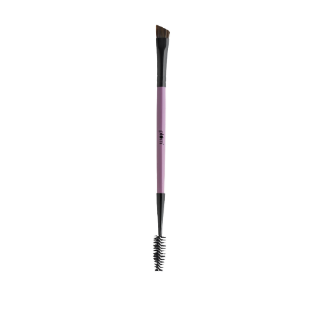 Makeup brush with purple handle and black bristles on a white background