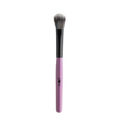 Makeup brush with pink handle and black ferrule on a white background