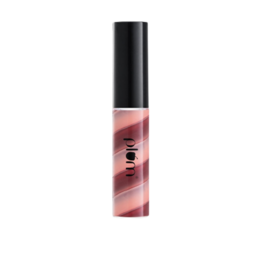 Lip gloss with black cap and pink gradient on a white background