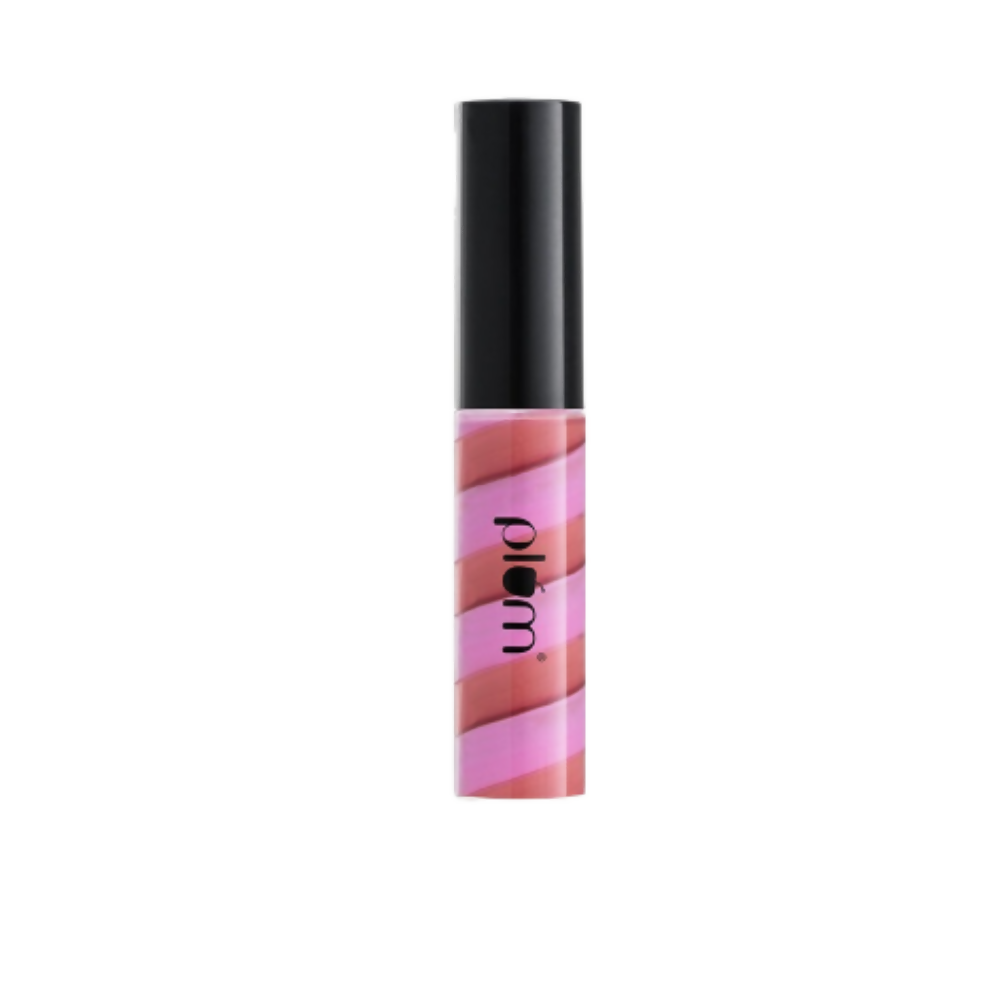 Lip gloss with black cap and beige body on a white background