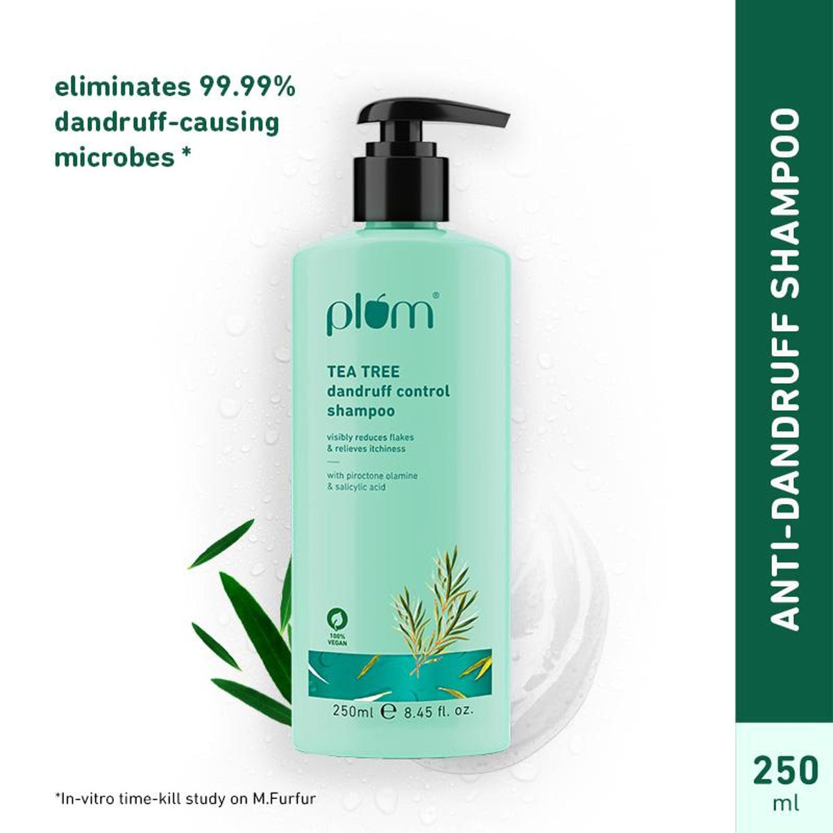 Tea tree dandruff control shampoo bottle with pump on a white background