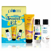 Plum Unisex travel kit with shampoo, body lotion, shower gel, and other products on a white background