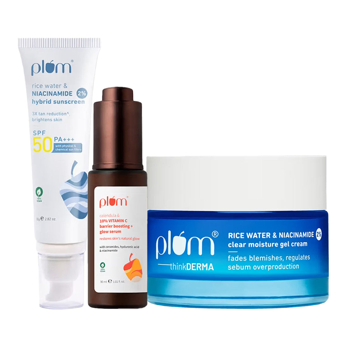 Plum skincare products including a sunscreen, serum, and moisture gel cream on a white background