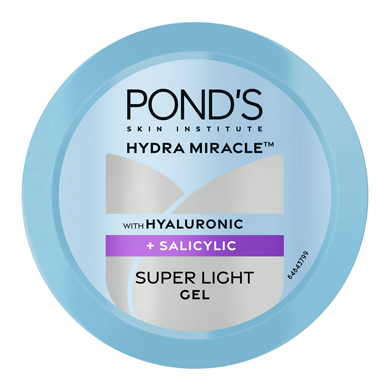 Pond's Hydra Miracle Super Light Gel container with blue lid and white body on a white background