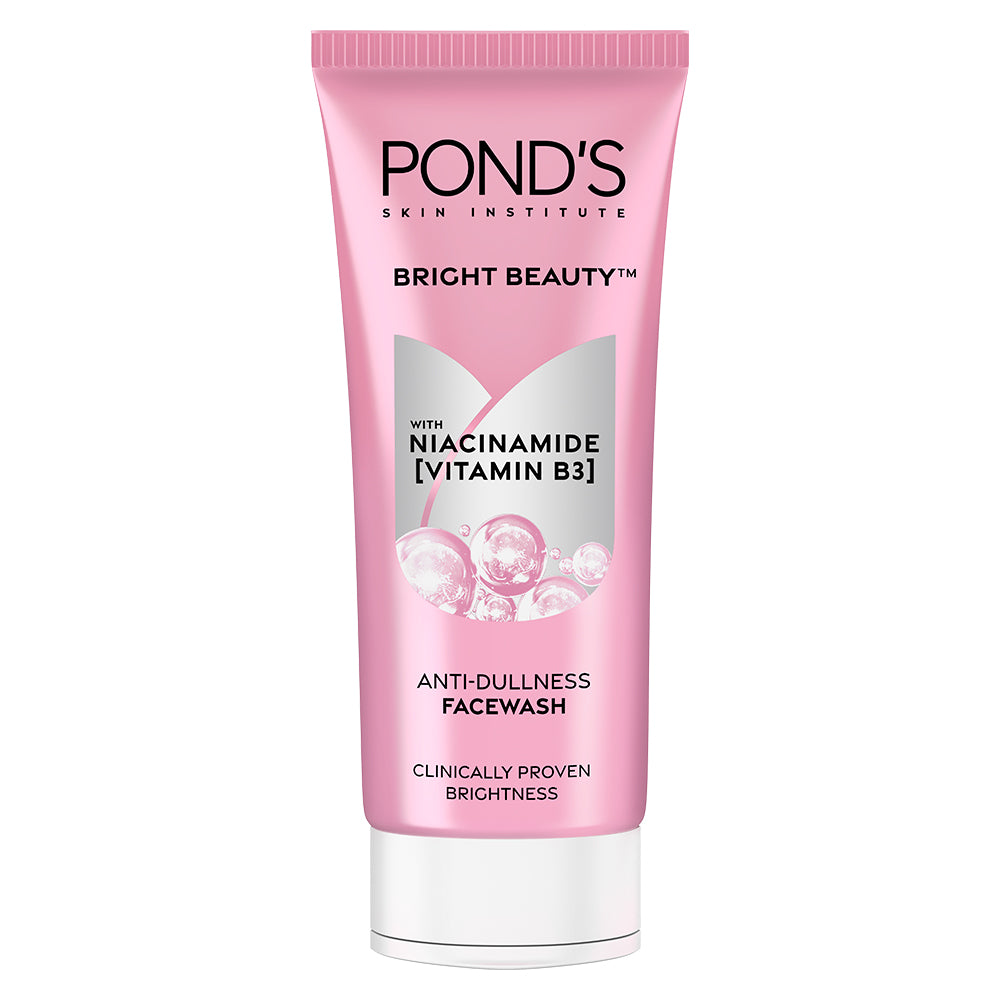 Ponds Bright Beauty Spot-less Glow Face Wash in a pink tube with white and black text, highlighting niacinamide and its benefits for brightness.
