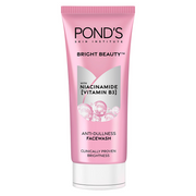 Ponds Bright Beauty Spot-less Glow Face Wash in a pink tube with white and black text, highlighting niacinamide and its benefits for brightness.