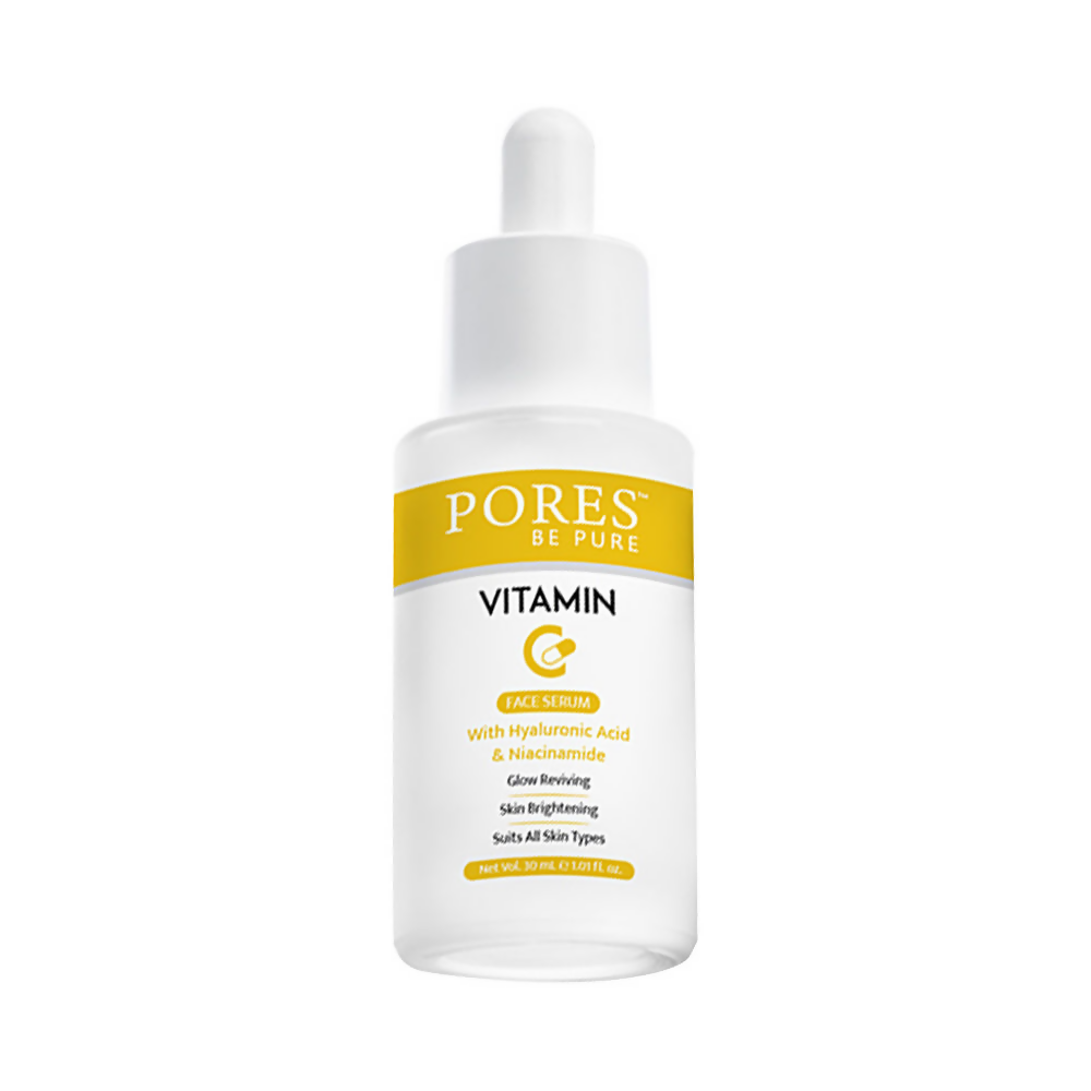 Skincare serum bottle with 'PORES be pure' branding on a white background