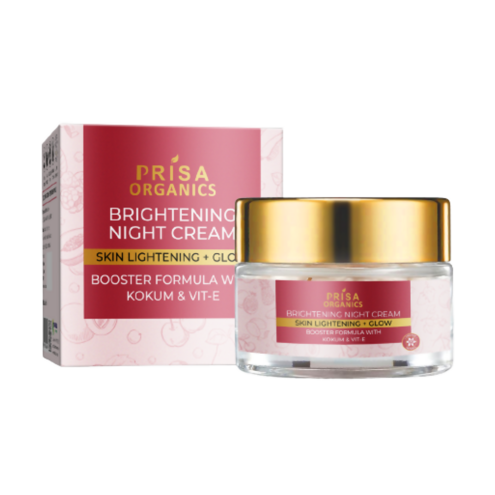 Prisa Organics Brightening Night Cream with packaging on a white background