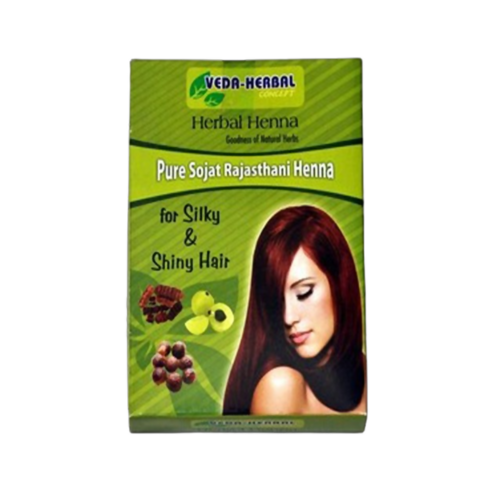 Veda Herbal Henna package with a woman's face on a green background