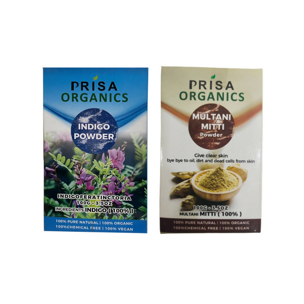 Two Prisa Organics packaging for Indigo Powder and Multani Mitti Powder on a white background.