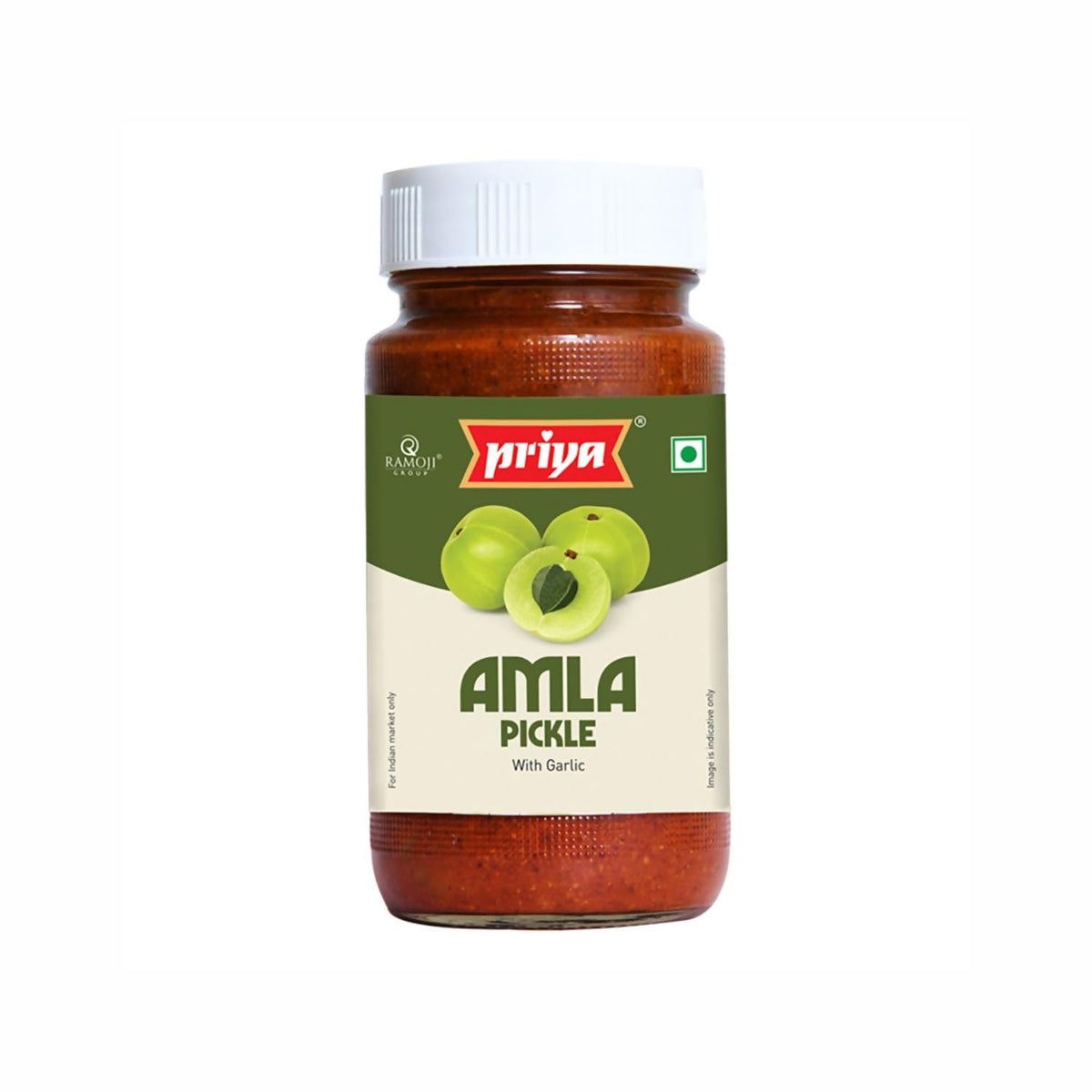 Jar of Priya Amla Pickle with Garlic on a white background