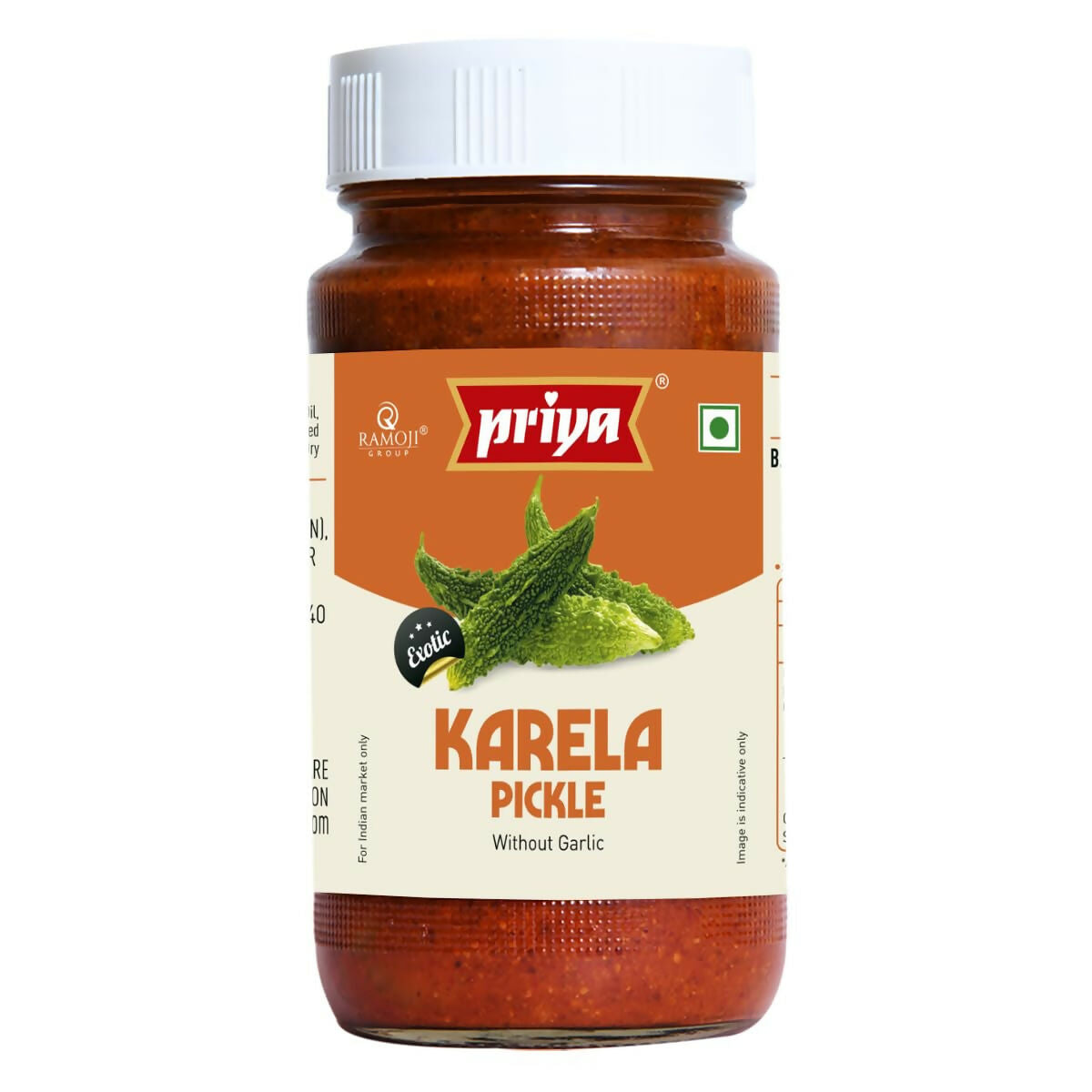 Jar of Priya Karela Pickle on a white background