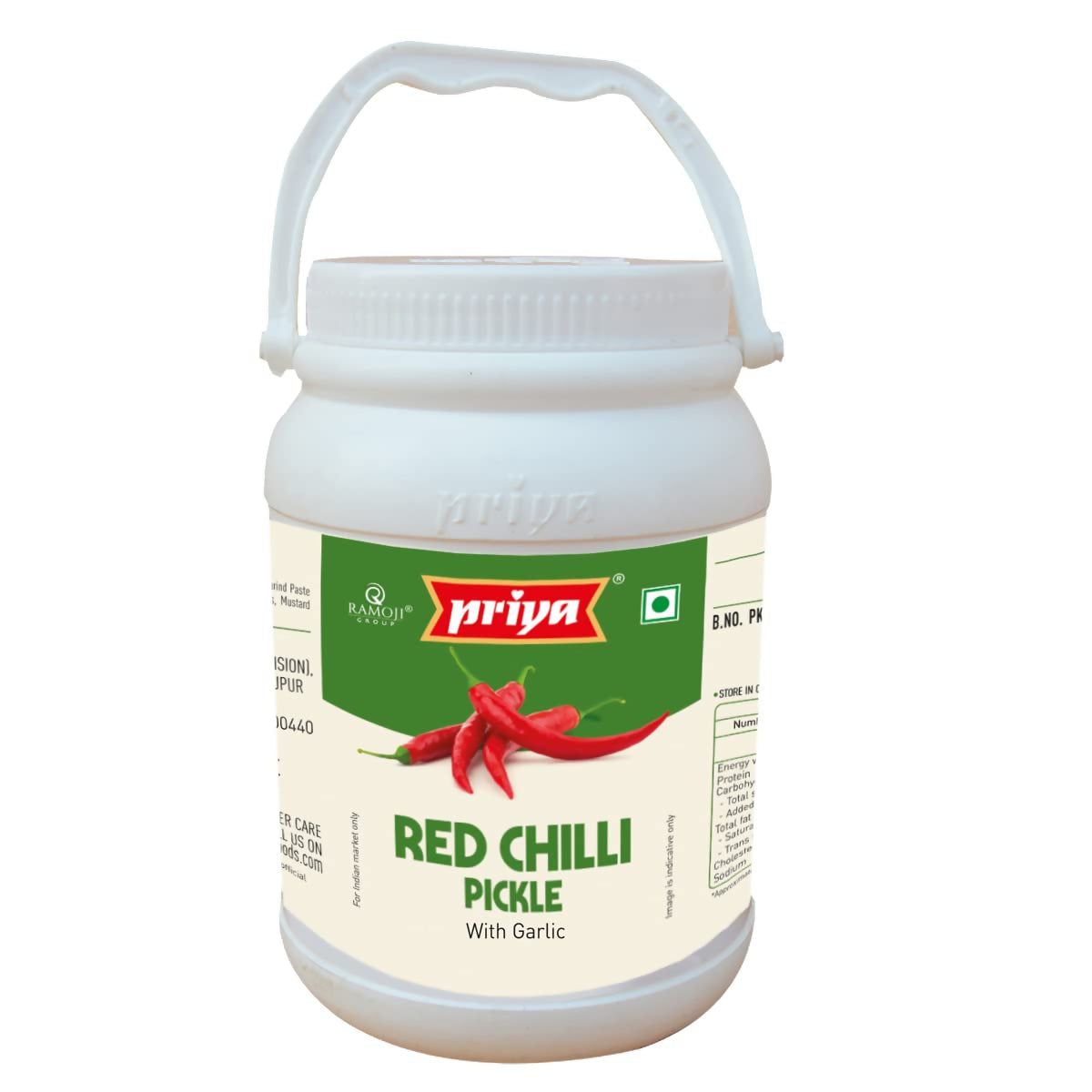 Jar of Priya Red Chilli Pickle with a green label on a white background
