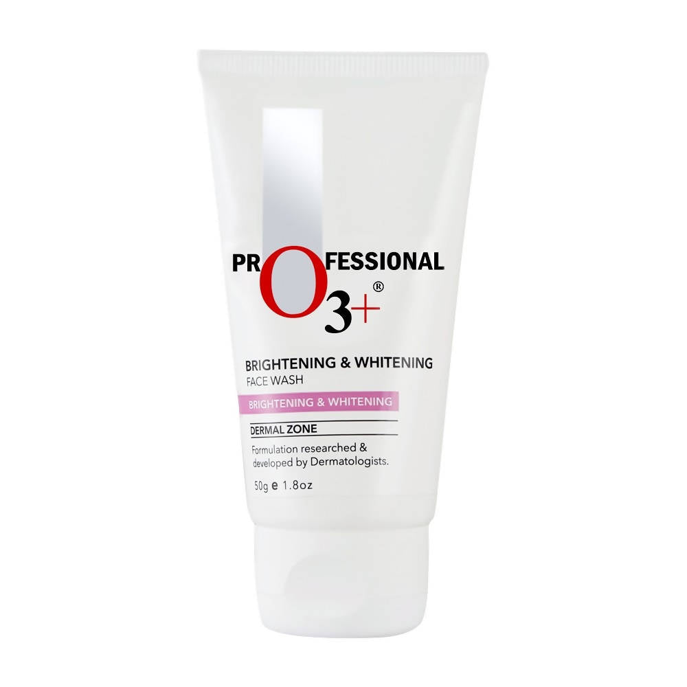 A tube of Professional O3+ Brightening & Whitening Face Wash, with white and pink color scheme.