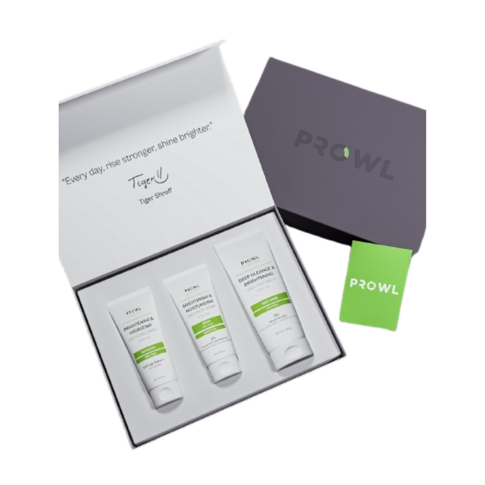 Skincare product set with three bottles in a box, branded 'Prowl', on a white background.