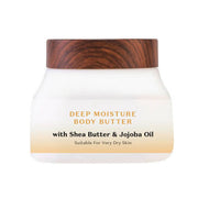 Jar of deep moisture body butter with wooden lid on a white background
