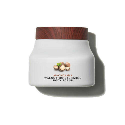 Macadamia Walnut Moisturizing Body Scrub with wooden lid on a white background
