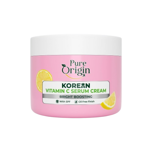 Pink jar of Pure Origin Korean Vitamin C Serum Cream with lemon slices on a white background