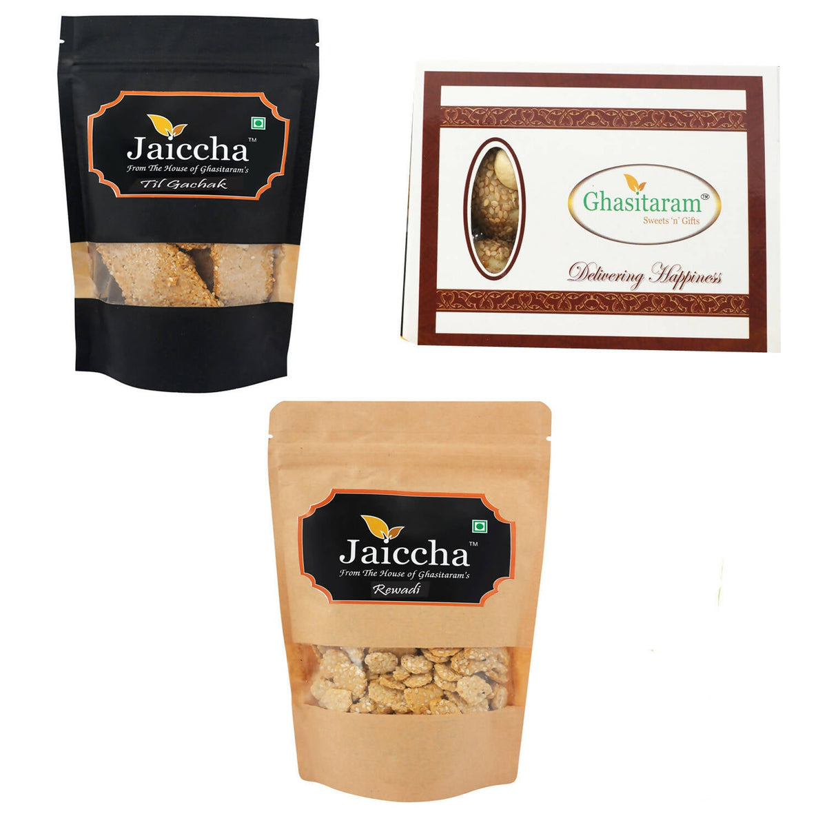 Ghasitaram Sankranti /Lohri Sweets Til Gachak, Gud Rewadi Pouches And MawacTil Laddoo(Bhuga) Box Combo