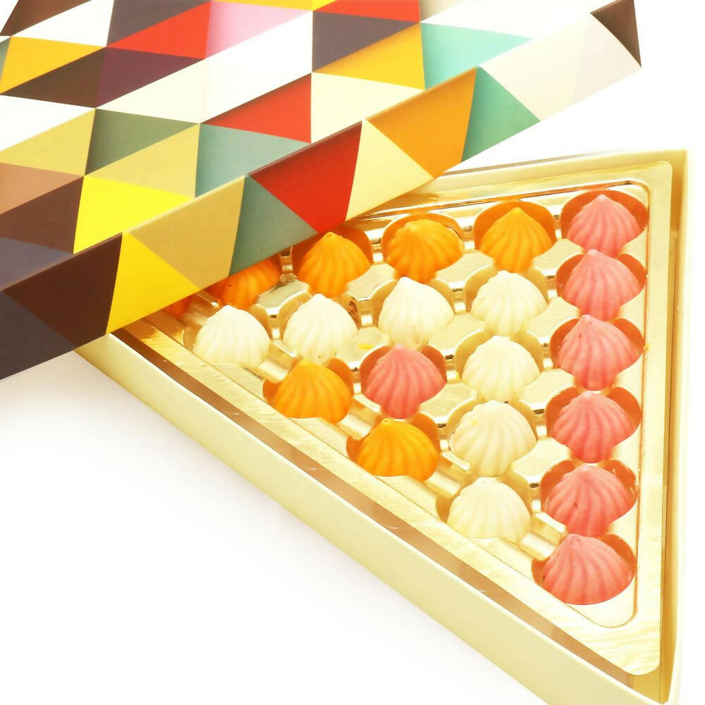 Ghasitaram Triangle Mango, Strawberry and White Chocolate Modaks