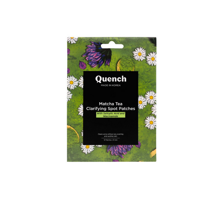 Pack of Quench Matcha Tea Clarifying Spot Patches with floral design on packaging.