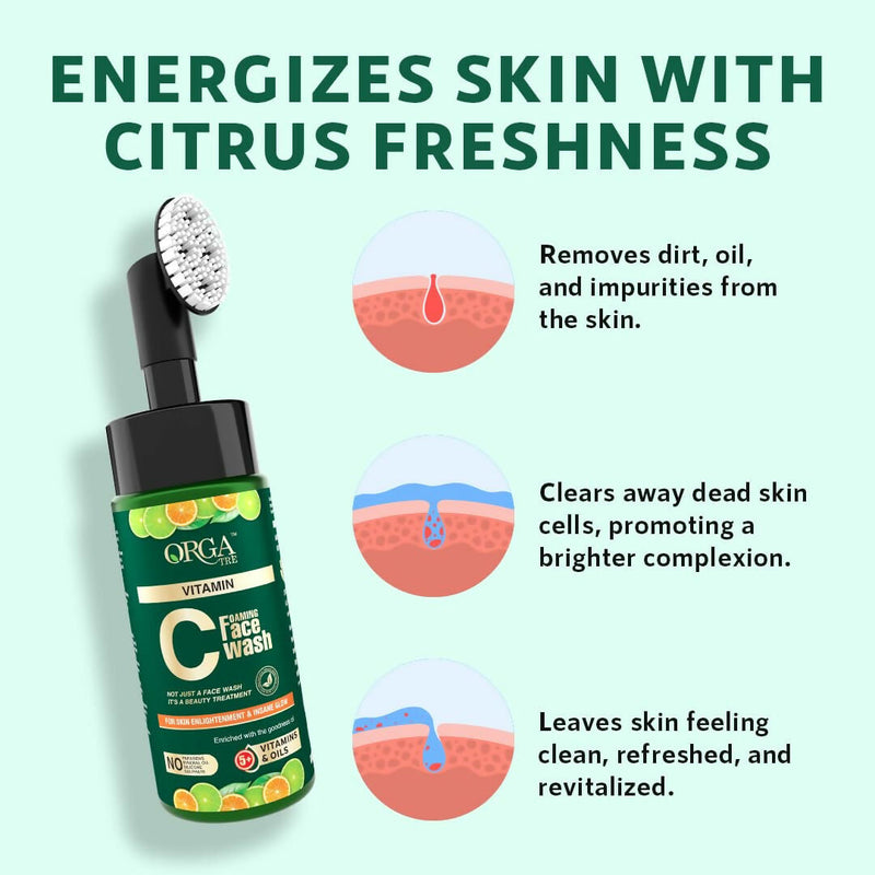 Orgatre Vitamin C Foaming Face Wash with Built-in Silicon Brush, Niacinamide Foaming cleanser for Acne prone Skin