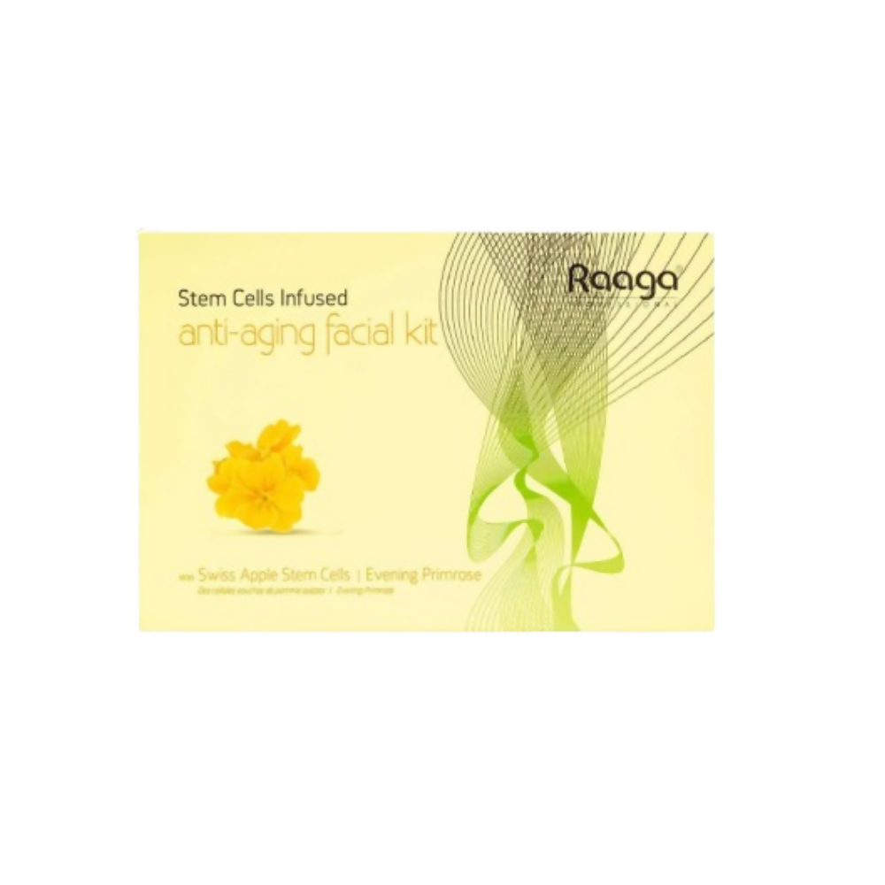 Raaga anti-aging facial kit packaging with stem cells on a yellow background