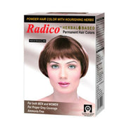 Radico herbal-based hair color packaging with a woman's face on a white background