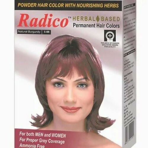 Radico herbal-based permanent hair color packaging with a model wearing the product.